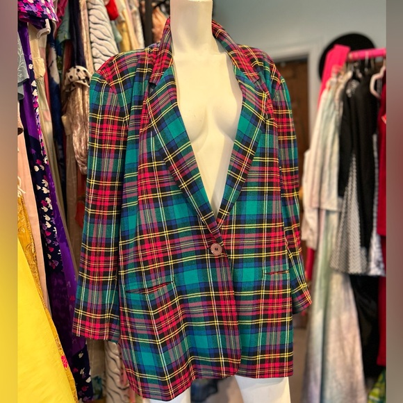 80s Turquoise & Hot Pink Tartan Blazer - Picture 8 of 15